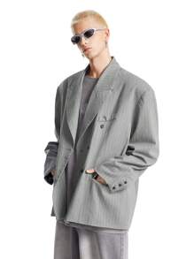 Manfinity VCAY 男士休闲条纹宽松双排扣西装外套，适合秋冬季 - 黑色 - 查看 3