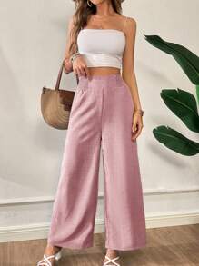 SHEIN Essnce 夏季裤子女士条纹抽绳腰直筒宽松休闲裤 - 粉色 - 查看 6