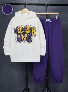 SHEIN 2 件套青少年男童休闲宽松舒适连帽衫和运动裤套装，带卡通字母印花，保暖内衬，加厚 - 紫色 - 查看 1