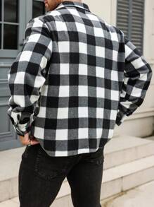 Manfinity Homme Áo khoác kẻ caro đơn giản, tay dài cài nút phía trước, dáng rộng cho nam cỡ lớn - Đen và trắng - Xem 2