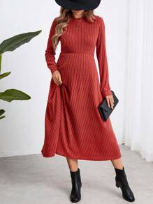 SHEIN Maternity Tight Fitting Red Midi Long Sleeve Dress, Midi Dress, Fall - Redwood - View 4