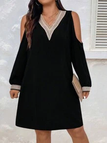 SHEIN LUNE Plus Contrast Guipure Lace Cold Shoulder Dress Fall Cloth For Women - Black - View 3