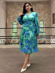 SHEIN Privé Vestido asimétrico con volantes y estampado floral para mujer de talla grande, elegante y romántico estilo francés para el otoño - Multicolor - Ver 4