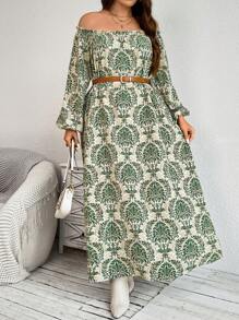 SHEIN LUNE Plus Size Long Sleeve Off Shoulder Pleated Casual Dress,Elegant Wedding Guest White Autumn Sequin Loose Comfortable Green Vintage Women Dresses - Green - View 1