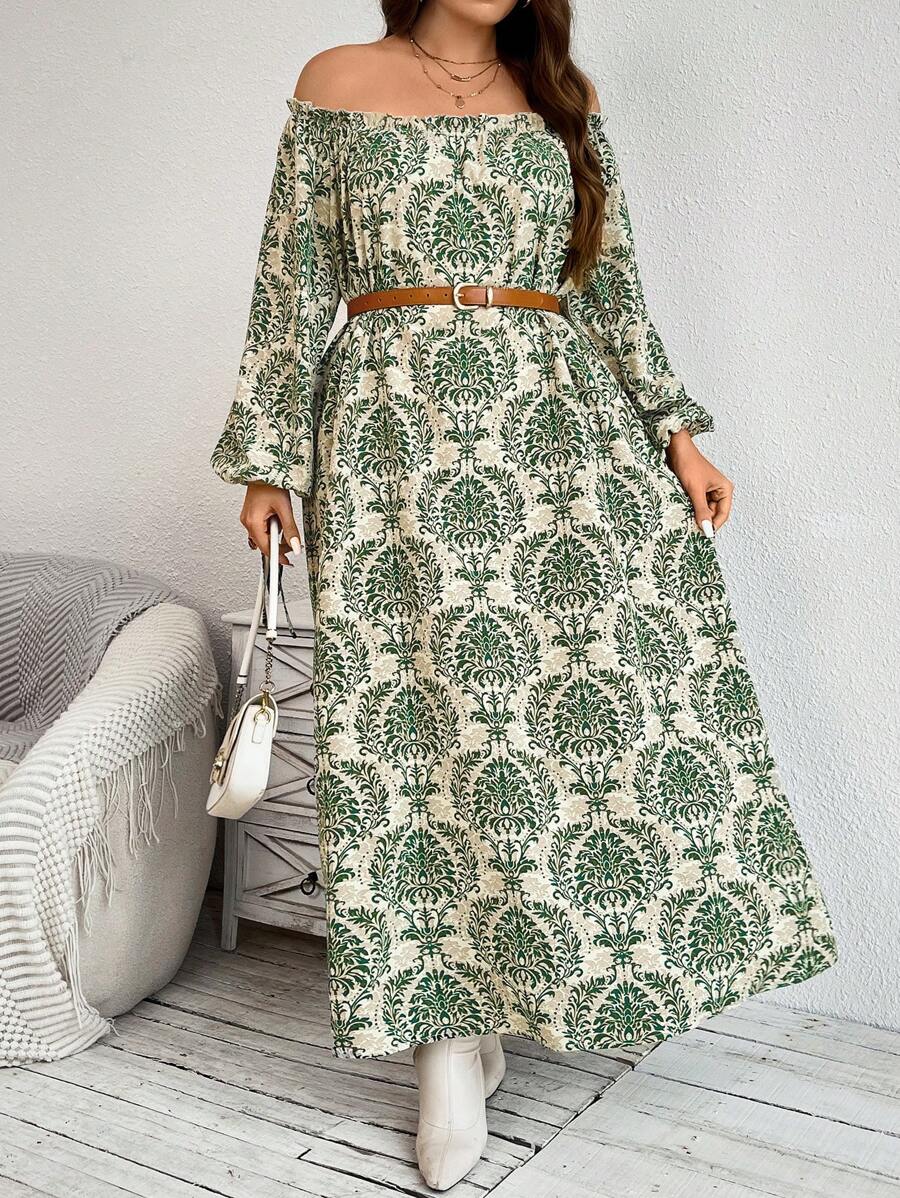 SHEIN LUNE Plus Size Long Sleeve Off Shoulder Pleated Casual Dress,Elegant Wedding Guest White Autumn Sequin Loose Comfortable Green Vintage Women Dresses - Green - View 1