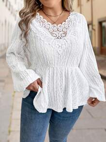 SHEIN Clasi 大码女式蕾丝领长袖 T 恤 - 白色 - 查看 3