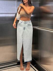 EURMUSE 100% Cotton WOMEN SNOW WASHING SKIRT - Medium Wash - View 1