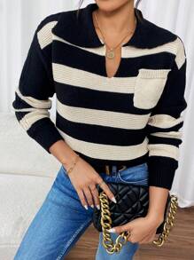 SHEIN LUNE Áo len nữ dài tay cổ bẻ có túi, họa tiết kẻ sọc tối giản, thích hợp mặc thường ngày, áo len chui đầu mùa thu đông. - Nhiều màu - Xem 5