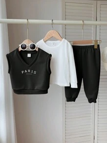 SHEIN Leap Crew 3 件装男婴字母印花圆领短袖上衣和纯色裤子套装 - 黑色 - 查看 7