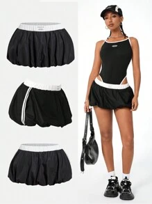 SHEIN EZwear 女款 Y2k 拼色荷叶边低腰褶皱泡泡裙 - 黑色 - 查看 2