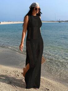 EURMUSE Women Crochet Knit Long Sleeveless Dress - Black - View 4