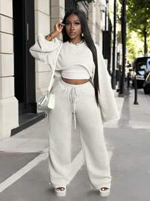 Slaydiva 2024 New Arrival Easter/Western Casual Basic Solid Color Long Sleeve Cropped Top, Cami Undershirt & Loose Pants 3 Piece Women Suit Set