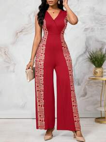 SHEIN Lady Pantalones palazzo de maxi largo sin mangas con color de contraste, corte y empalmado en el cuello para mujeres de estatura alta - Rojo - Ver 5