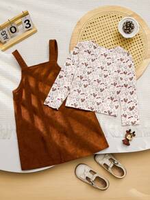 SHEIN LMoss Kids LMoss 年轻女孩 2 件装年轻女孩纯色针织圆领修身休闲 T 恤和编织纯色刺绣吊带迷你连衣裙套装 - 彩色 - 查看 4