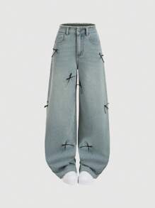 SHEIN MOD Quần Jeans Ống Rộng Rộng Thường Ngày Có Nơ Cho Nữ, Quần Jeans Nơ, Quần Jeans Nữ, Quần Jeans Nữ, Xanh Dương - Rửa tối - Xem 5