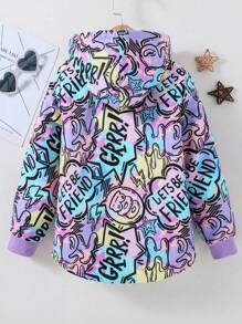 SHEIN Tween Girl Allover Print Front Button Hooded Long Sleeve Jacket - Multicolor - View 2