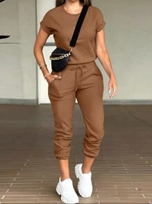 INAWLY 2pcs Women's Solid Color Crew Neck Short Sleeve Top And Pants Set