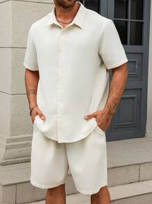 Manfinity Homme 2pcs Men's Plus Size Summer Casual Solid Color Short Sleeve Shirt & Shorts Set - Apricot - View 7