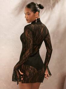 Opulessa Women's Vacation Lace Collar Long Sleeve Fitted Sexy Sheer Dress, Suitable For Going Out, Concert, Party, Club Outfits, Date, Night Out,Vacation ,Beach  Outfits,Garden Wedding Guest Dress, Elegant Dress For Women, Concert, Party, Club Outfits, Valentine's Day ,Graduation Outfit, Mother's Day,For Autumn And Winter - Black - View 1
