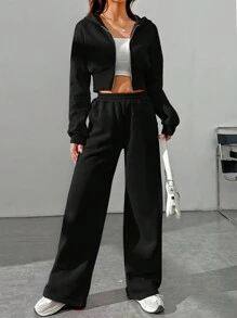 SHEIN EZwear Women's Spring Fashionable Black Zip Front Hoodie Sweatshirt And Pants Two Pieces Set - Black - View 2