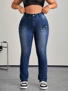 Firerie 大码女式弹力牛仔喇叭牛仔裤，休闲工装裤，蓝色 - 深色水洗藍 - 查看 5