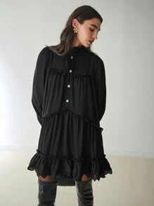 Enchnt 女士纯色荷叶边纽扣灯笼袖短款优雅连衣裙，春夏 - 黑色 - 查看 8