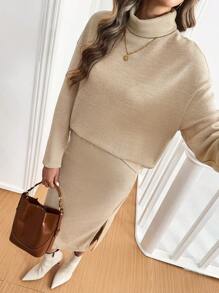 SHEIN LUNE 高领落肩长袖上衣和开衩下摆短裙两件套 - 杏色 - 查看 1