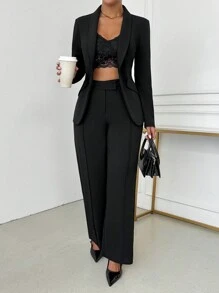 SHEIN SXY 女士优雅单排扣缺口翻领西装外套和裤子套装秋冬女装办公室服装 - 黑色 - 查看 1