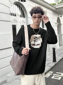 Manfinity Roghcode 男士面部印花圆领休闲长袖毛衣 - 黑色 - 查看 11