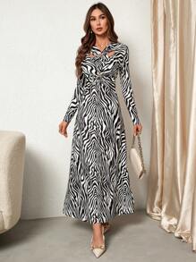 SHEIN Privé 女士拼色花卉镂空长袖连衣裙 - 黑色 - 查看 4