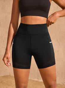 Exploreva Quần short thể thao lưng cao màu trơn dành cho nữ - màu đen - Xem 7