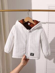 Young Boy Casual Loose Knit Jacquard Thickened Thermal Lined Zip-Up Hooded Jacket, Streetwear Style, Suitable For 4-7 Years Old Boys, Lightweight Warm Winter Coat - White - View 4