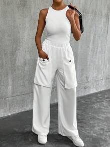 SHEIN LUNE Solid Color Casual Trousers With Large Front Decorative Pockets Fall Cloth For Women - White - View 6