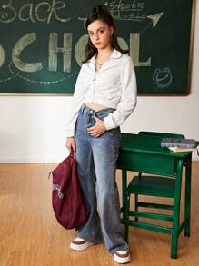 SHEIN Y2K Style Cropped Zip-Up Sweatshirt With Ruching For Teenage Girls - Light Grey - View 6