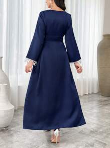 Al Najma 女式纯色撞色蕾丝长袖阿拉伯卡夫坦 Jalabiya 长裙，朴素优雅风格全覆盖长裙，适合日常休闲/工作/度假/晚会/婚礼宾客 - 藏蓝色 - 查看 6