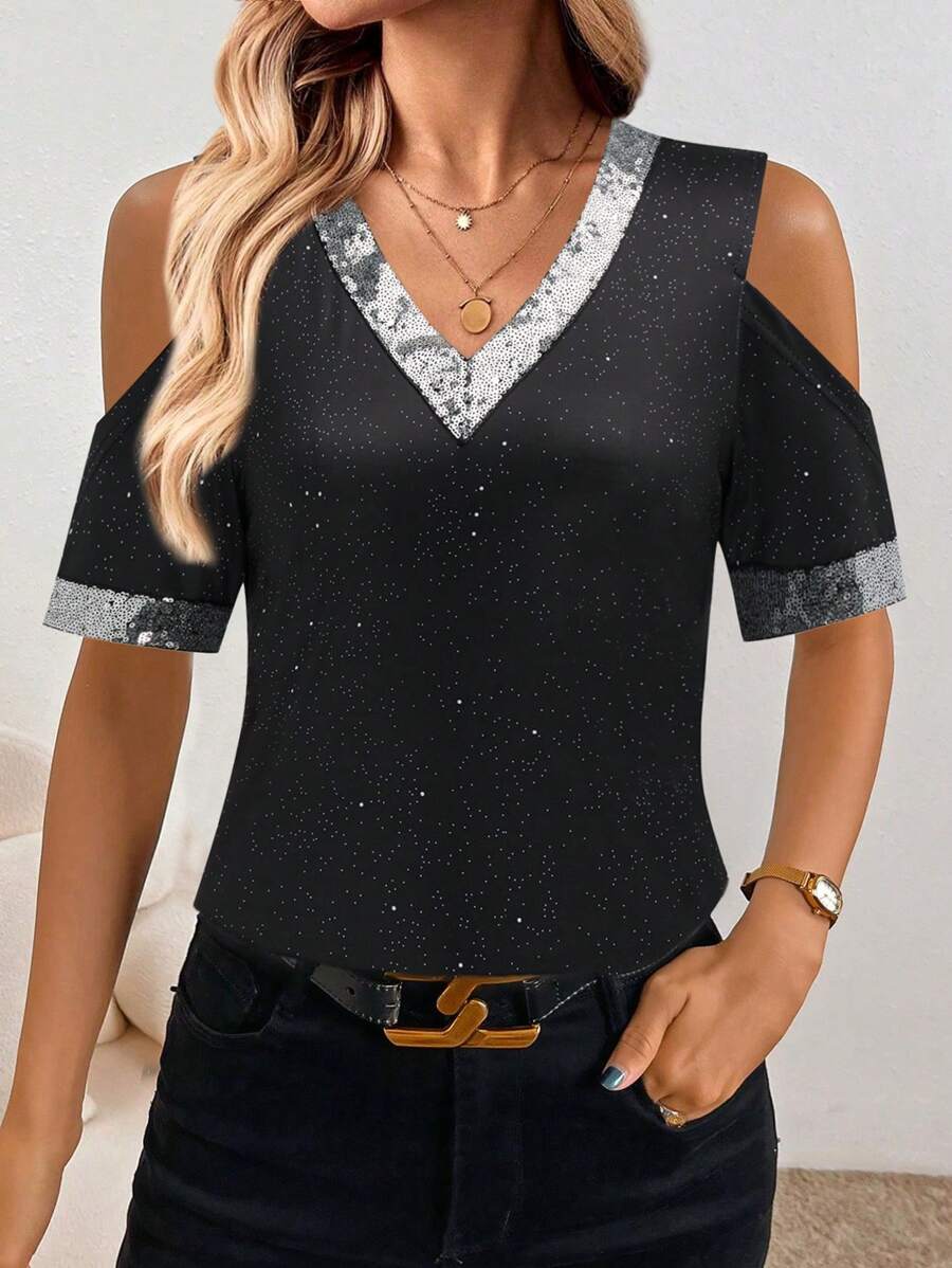 SHEIN LUNE Women Sequin Patchwork V-Neck Off Shoulder T-Shirt - Black - View 1