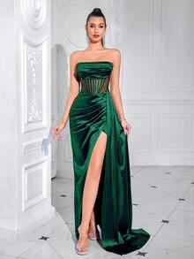 ADYCE Đầm dạ hội dài không dây vai, xếp ly ở eo, thắt lưng, khoét lưng, xẻ tà, chất liệu xuyên thấu, thích hợp cho các buổi tiệc, dạ hội, đám cưới, lễ tốt nghiệp, thanh lịch và duyên dáng. - Màu xanh lá cây đậm - Xem 5