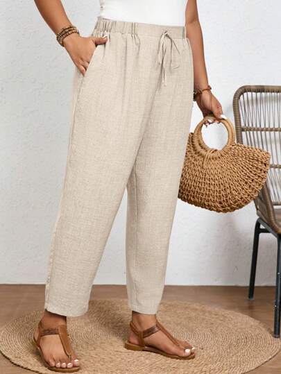 SHEIN Frenchy Plus Size Solid Color Casual Trousers With Elastic Waist And Diagonal Pockets