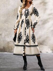 SHEIN Clasi Women's Elegant Black & White Floral Print V-Neck Waist Cinched A-Line Dress - Black and White - View 6