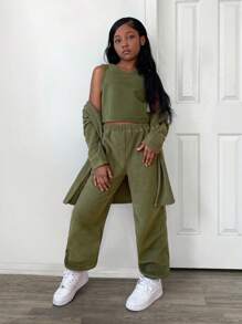 Bộ 3 món NovaGlow Tween Girl Tween Girls: Áo len trùm đầu, Áo ba lỗ không tay & Quần nỉ - xanh quân đội - Xem 1