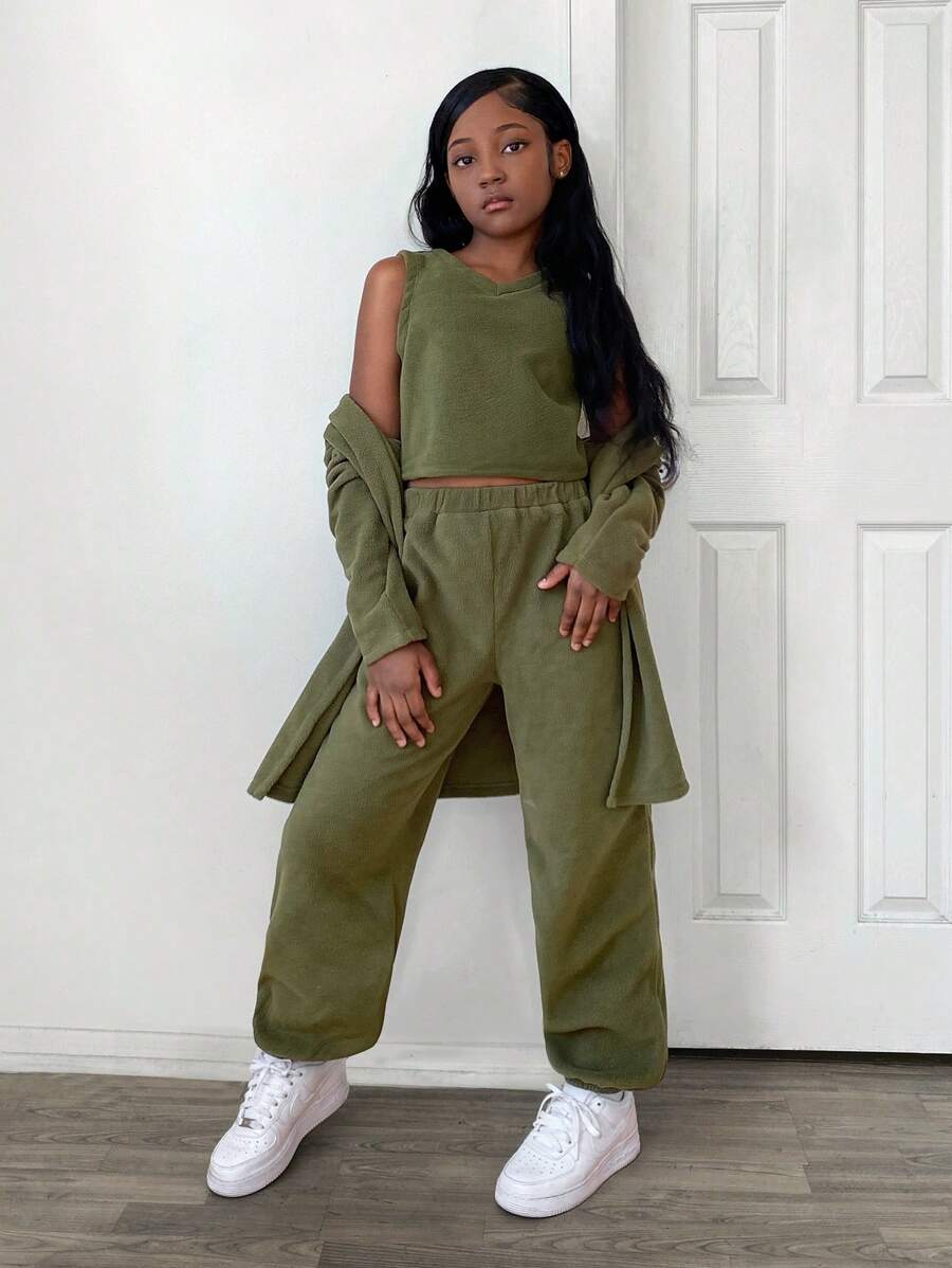 Bộ 3 món NovaGlow Tween Girl Tween Girls: Áo len trùm đầu, Áo ba lỗ không tay & Quần nỉ - xanh quân đội - Xem 1