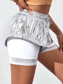 Easithlete Quần short thể thao rút dây đơn giản hàng ngày màu trơn cho nữ - Bạc - Xem 1