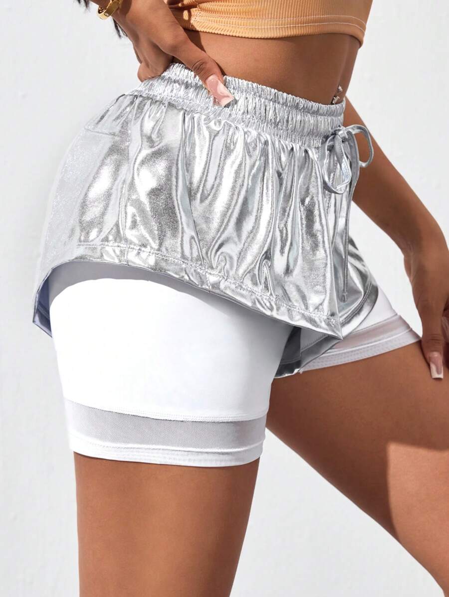 Easithlete Quần short thể thao rút dây đơn giản hàng ngày màu trơn cho nữ - Bạc - Xem 1