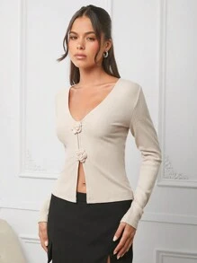 Sweater With Cutout And Rosettes In Center - Khaki - View 7