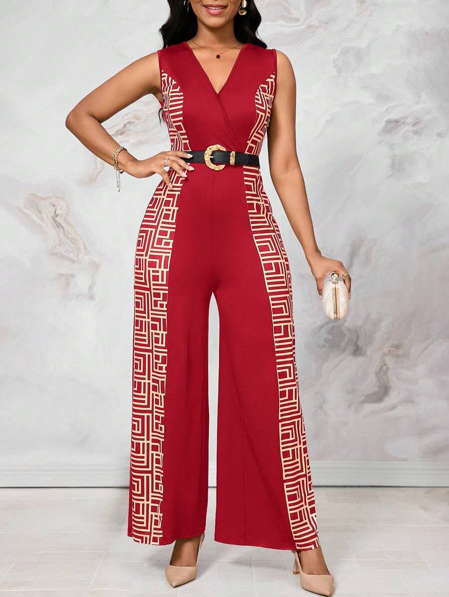 SHEIN Lady Pantalones palazzo de maxi largo sin mangas con color de contraste, corte y empalmado en el cuello para mujeres de estatura alta - Rojo - Ver 1