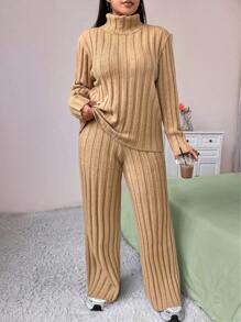 SHEIN Unity Plus Size Women's Solid Color Long Sleeve Casual Sweater And Knit Pants Set For Fall And Winter - Khaki - View 5