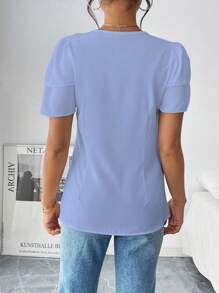 Chiquease Women's Casual Solid Color Ruffled Round Neck Short Puff Sleeve Elegant Blouse, Summer - Blue - View 2