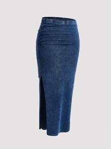 SHEIN MOD 大码褶皱牛仔裙，休闲弹力长牛仔裙 - 藍色 - 查看 1