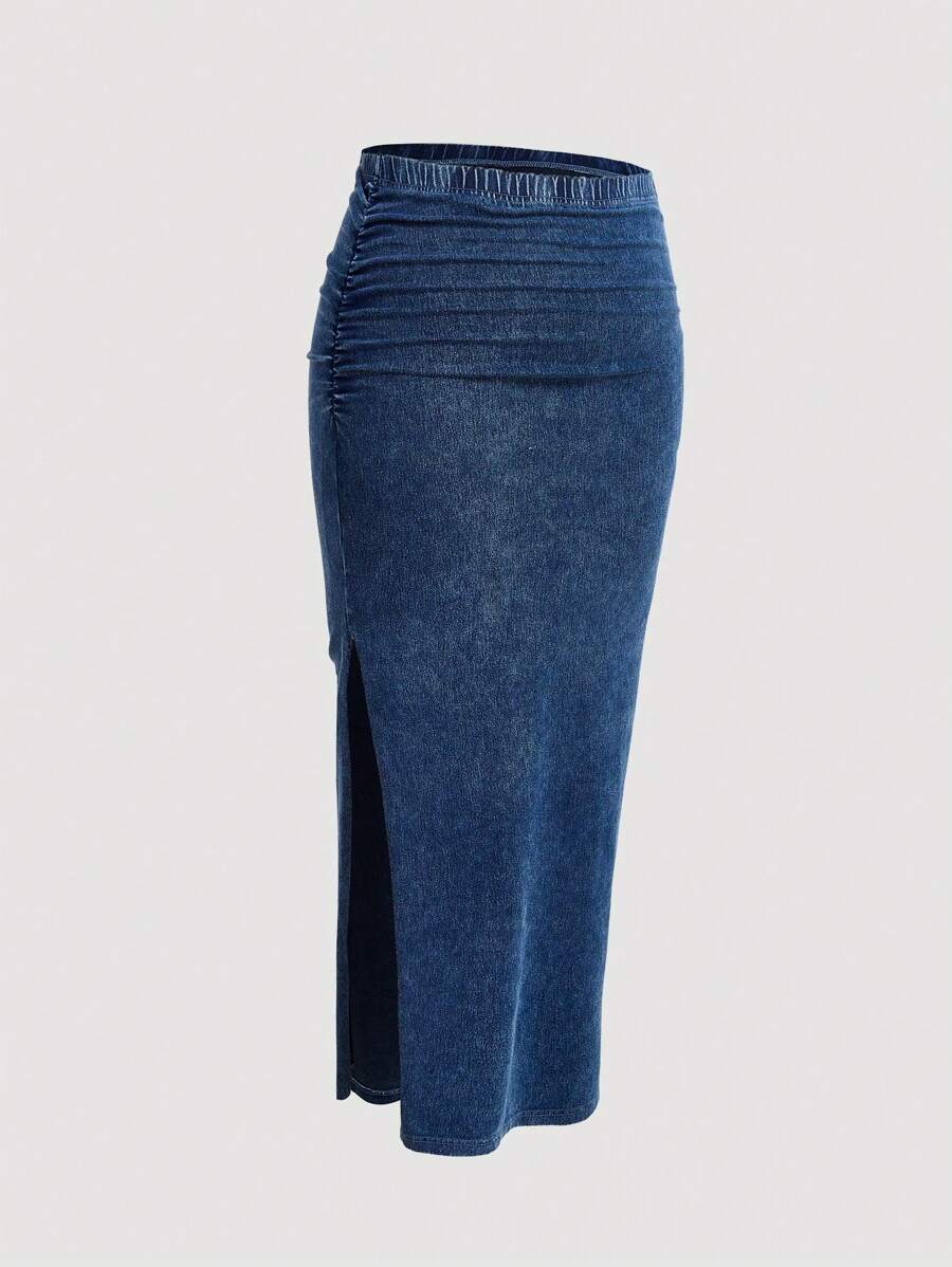 SHEIN MOD 大码褶皱牛仔裙，休闲弹力长牛仔裙 - 藍色 - 查看 1