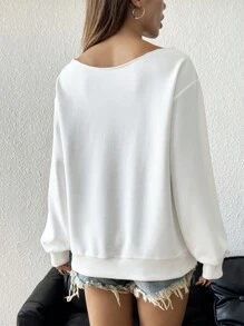 SHEIN EZwear Áo nỉ nhẹ hở vai dài tay in hình ngôi sao xanh trắng giản dị cho nữ, mùa thu/đông - trắng - Xem 5